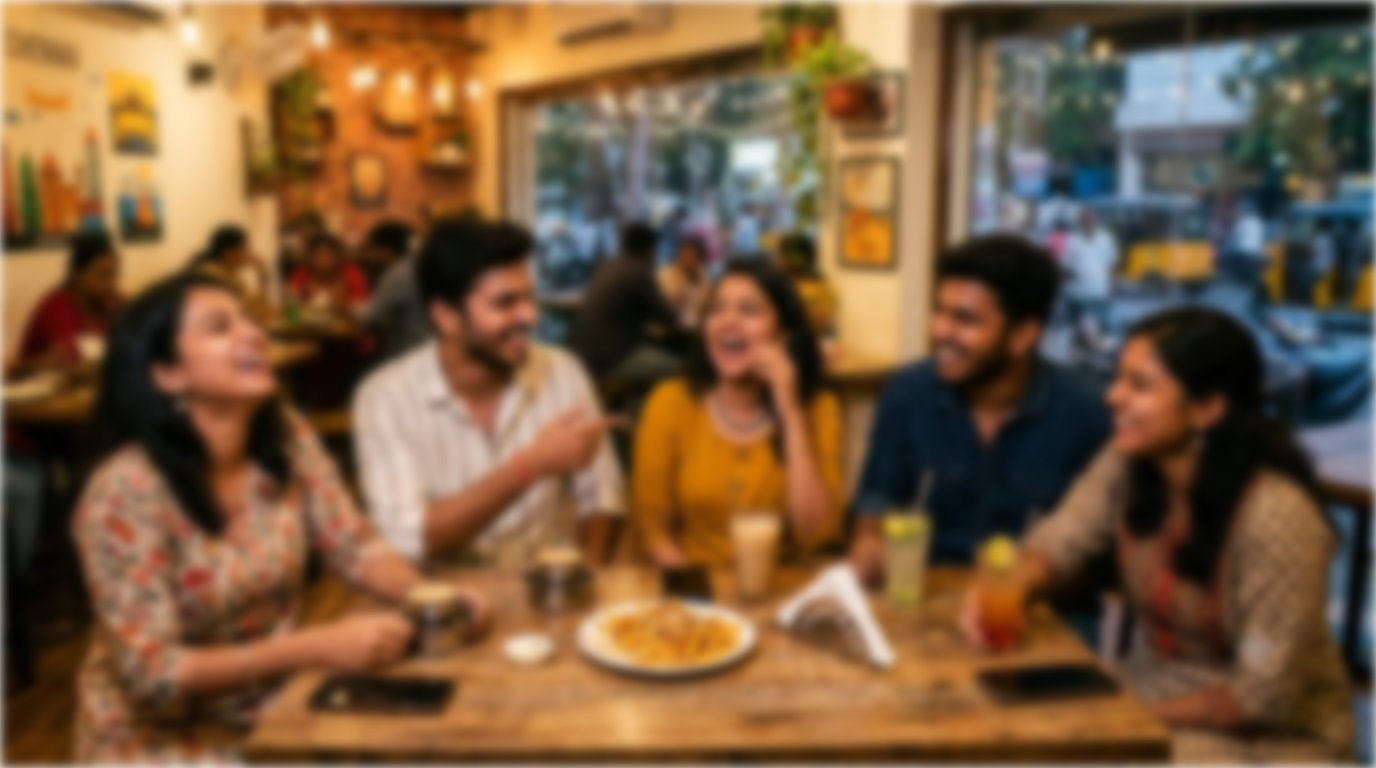 Friends laughing together at a café in Chennai